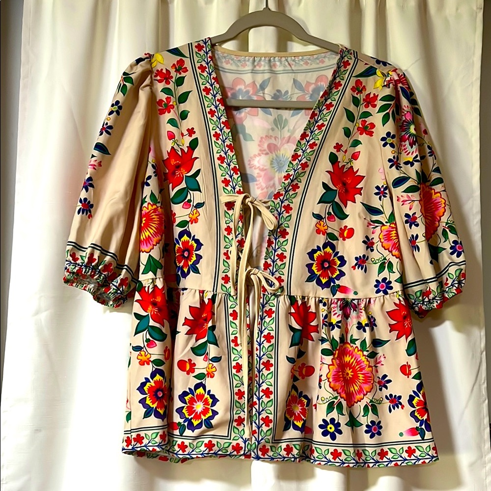 SHEIN Cream and Red Blouse Elegant Top